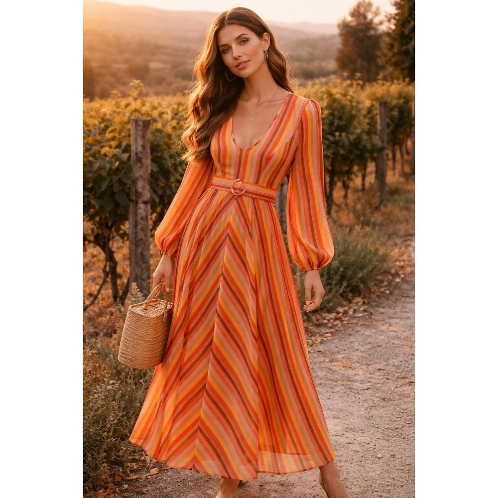 Zimmermann Goldie Plunge Dress Rainbow Stripe Belted Cotton Maxi Size 3 US 10